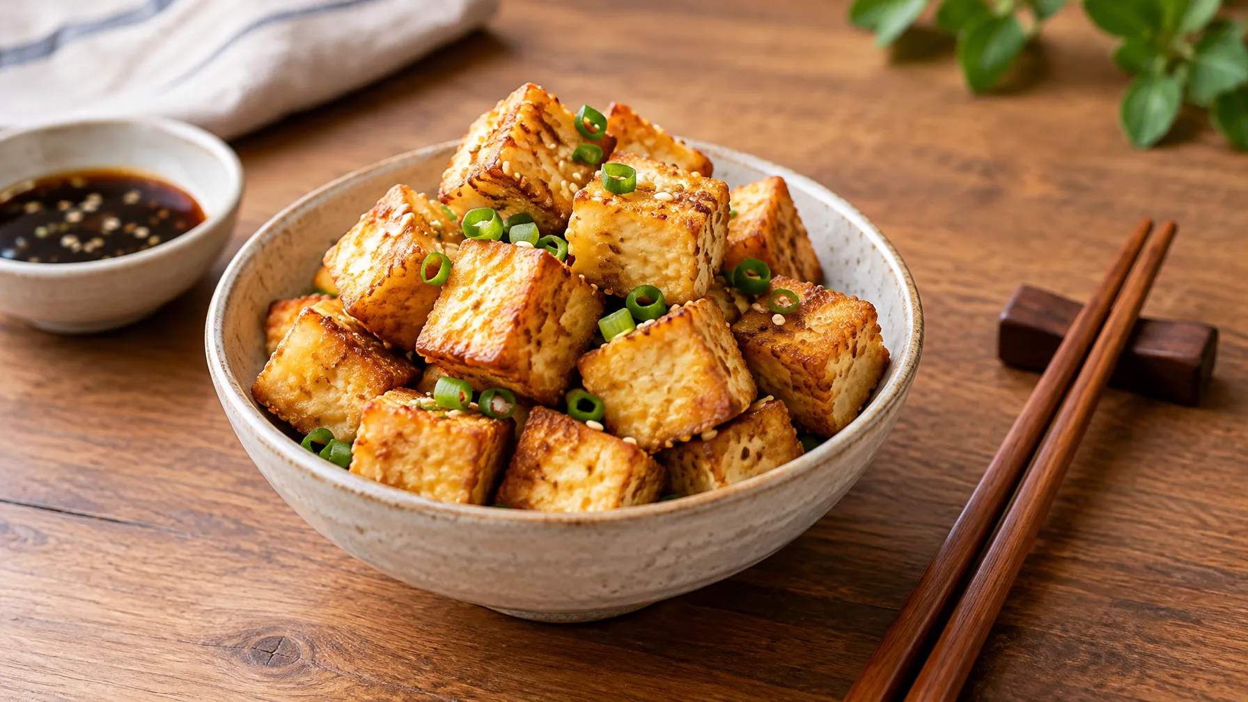Golden crispy tofu cubes piled in a small dish next to a pair of chopsticks.