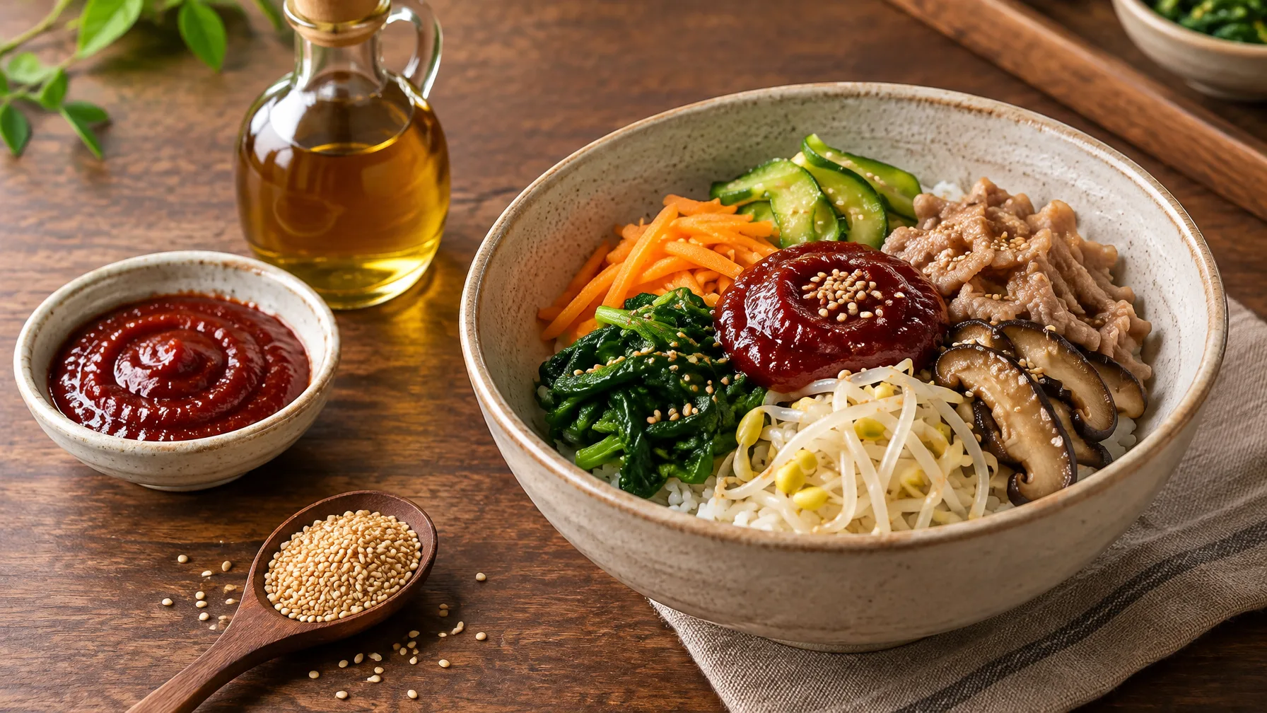 A small dish of red gochujang beside a bottle of sesame oil and a spoon of sesame seeds next to a finished bowl.
