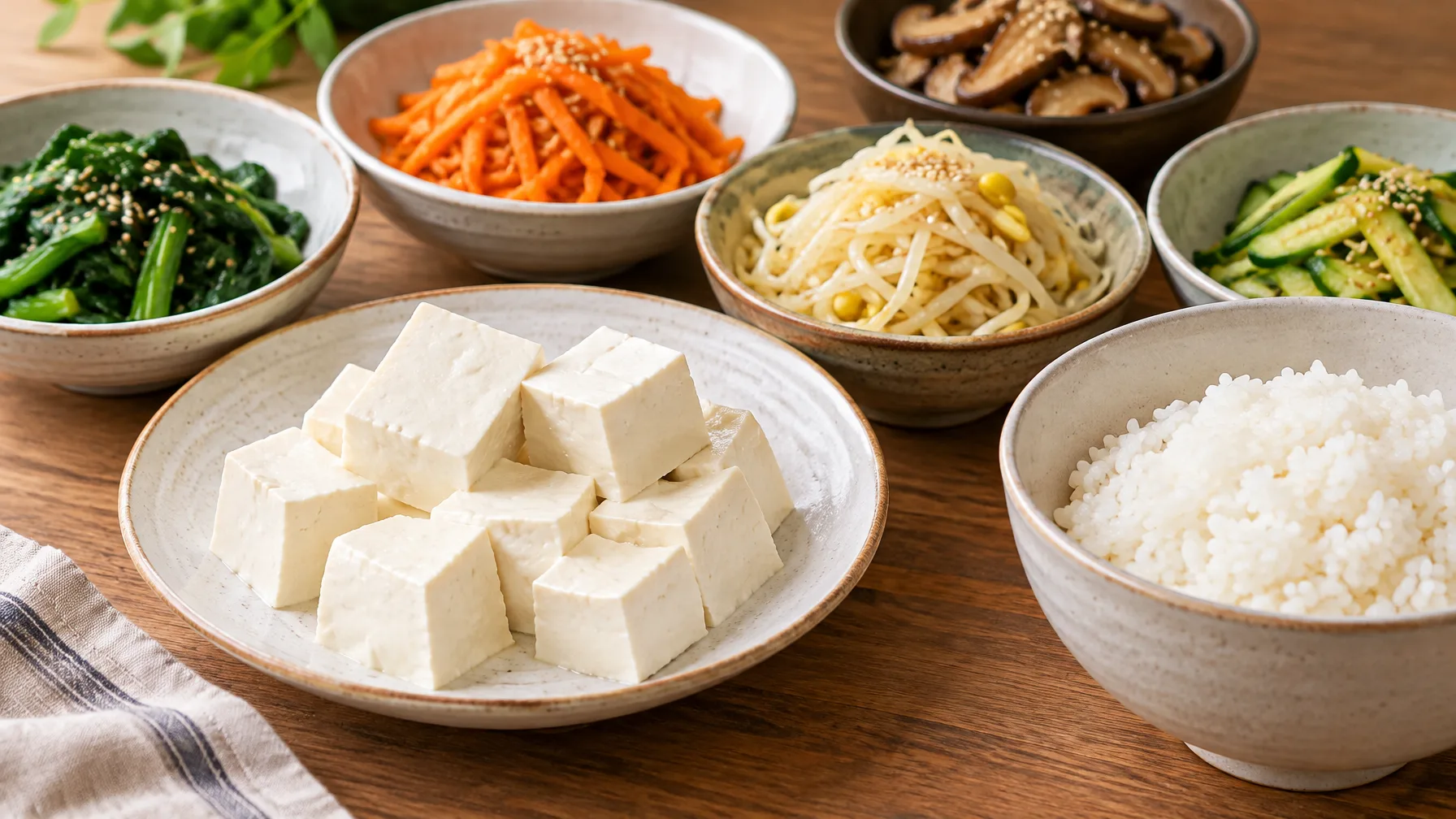 Soft white tofu cubes resting on a plate beside bowls of seasoned vegetables and rice.