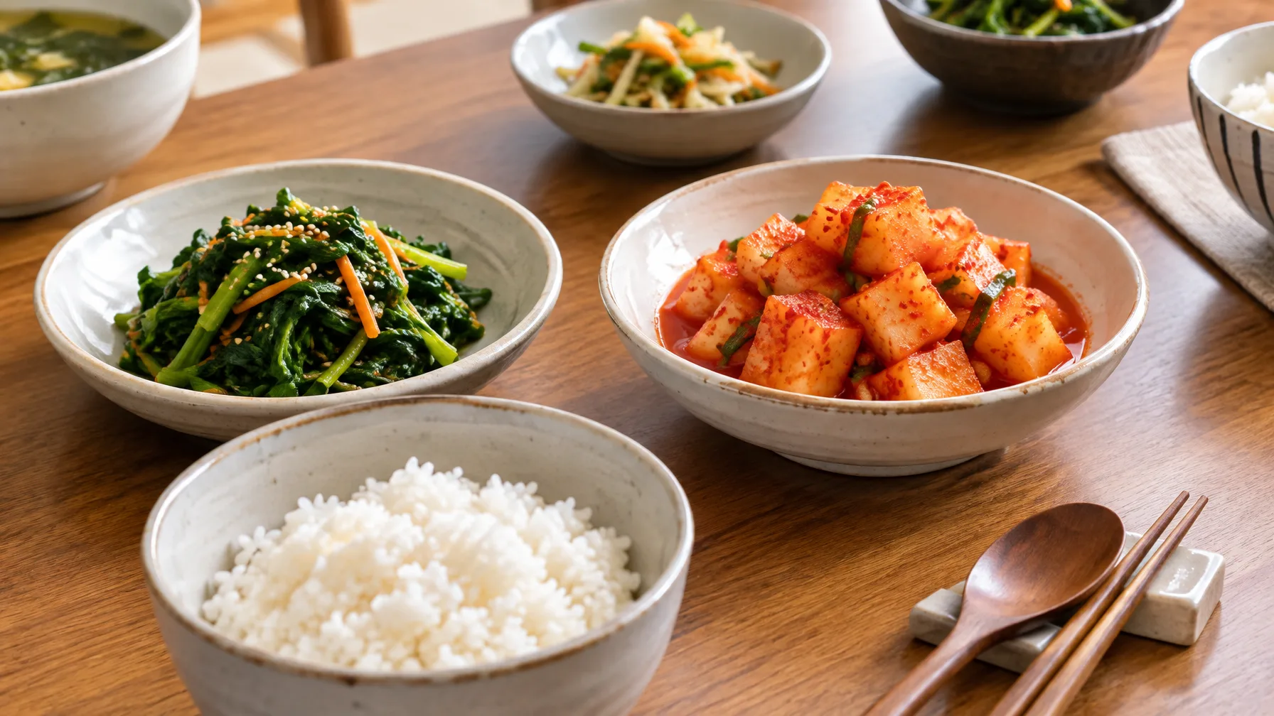 A vegetable side dish and a dish of radish pieces sit beside rice on a shared dining table.
