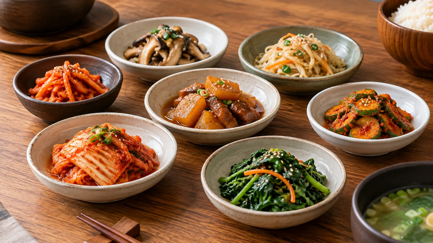 Small dishes of kimchi, seasoned vegetables and braised side dishes arranged together on a wooden table.