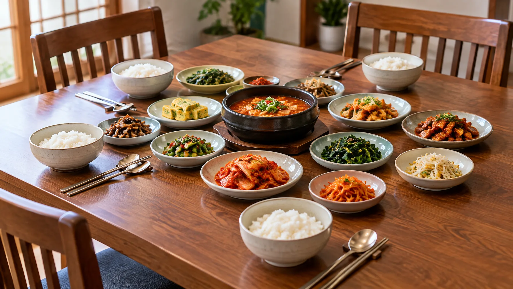 Small side dishes surround rice bowls at a shared table, with chairs visible and no people in view.