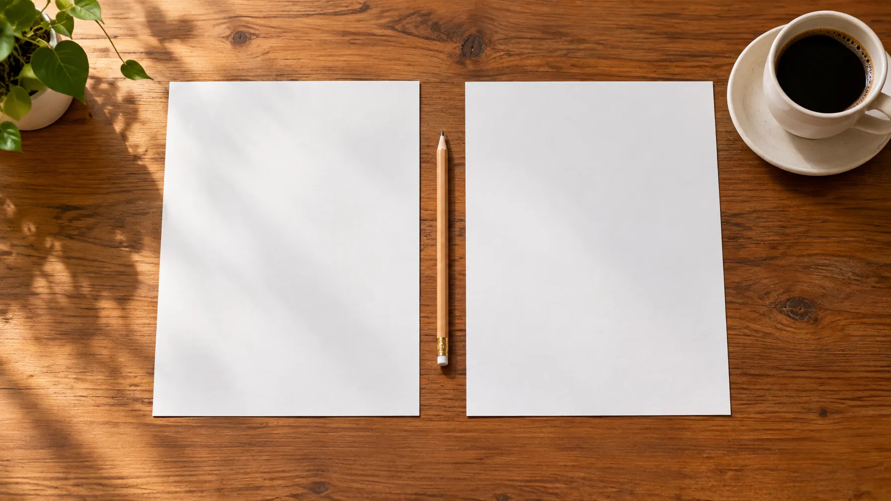 Two blank sheets lie side by side on a wooden table, with a pencil between them and a coffee cup nearby.