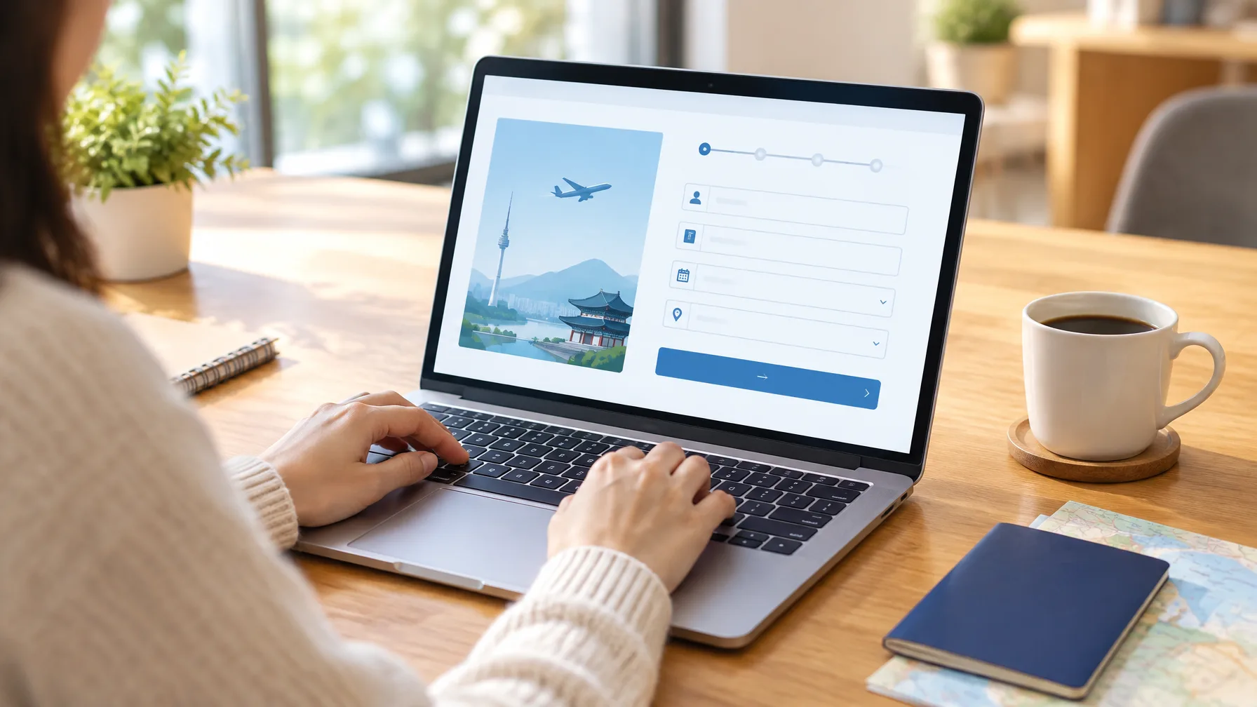 A person fills in an online travel form on a laptop with a coffee cup beside it.