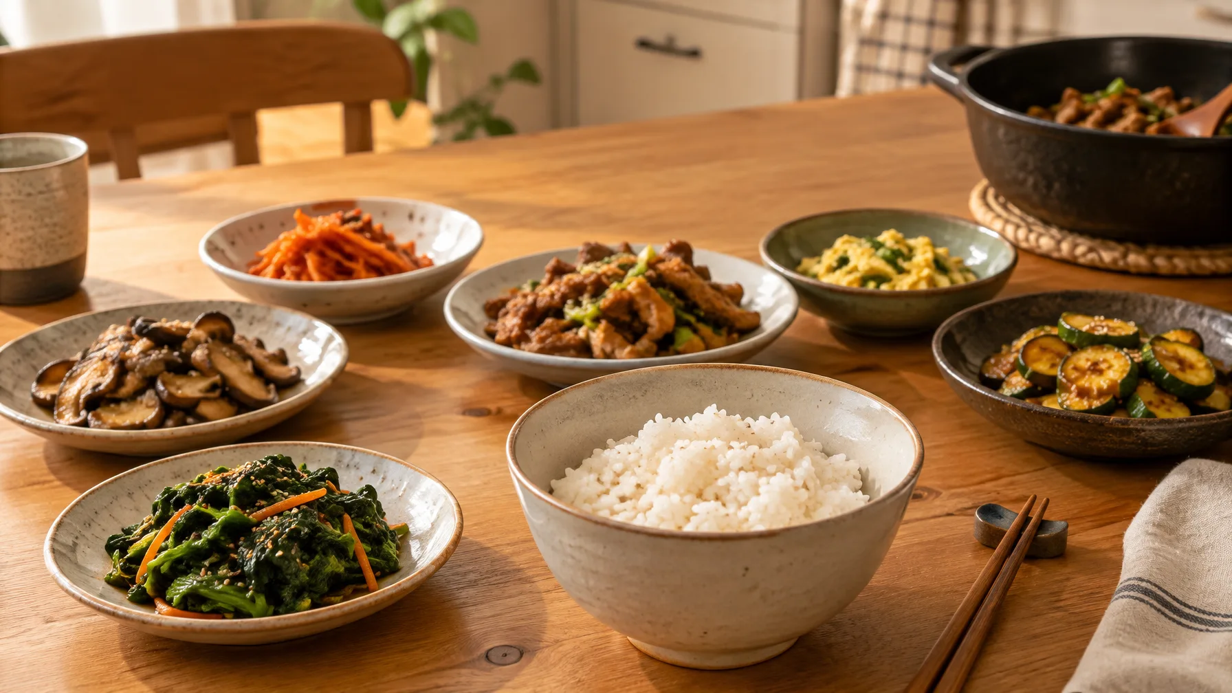 A warm home kitchen table with several small plates of leftover side dishes beside a bowl of rice.