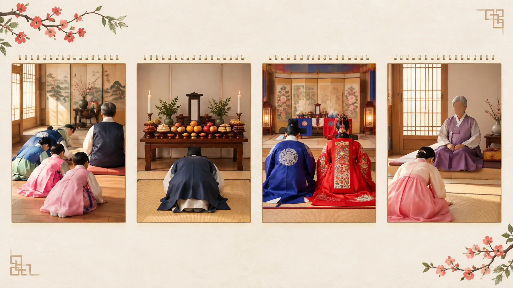 A calendar-style spread of four small tableaux: a holiday family bow, an ancestral table, a wedding room, and a seated elder.