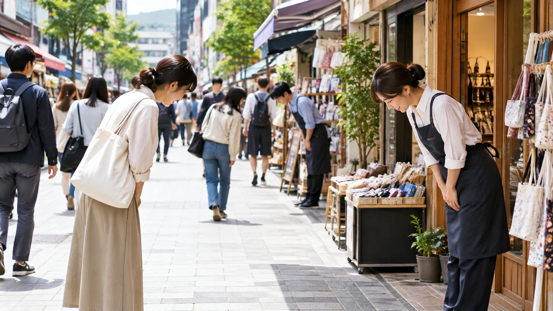 A busy Korean shopping street at midday with shoppers and shopkeepers exchanging small polite nods.