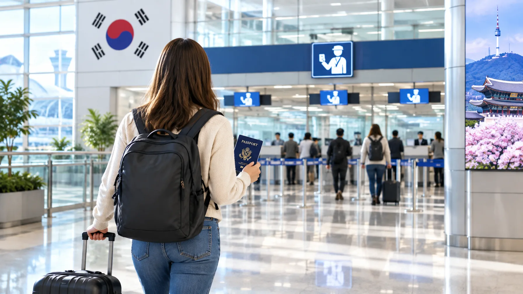 A traveler with a navy passport walks through a bright airport arrivals hall toward the immigration counters in Korea.