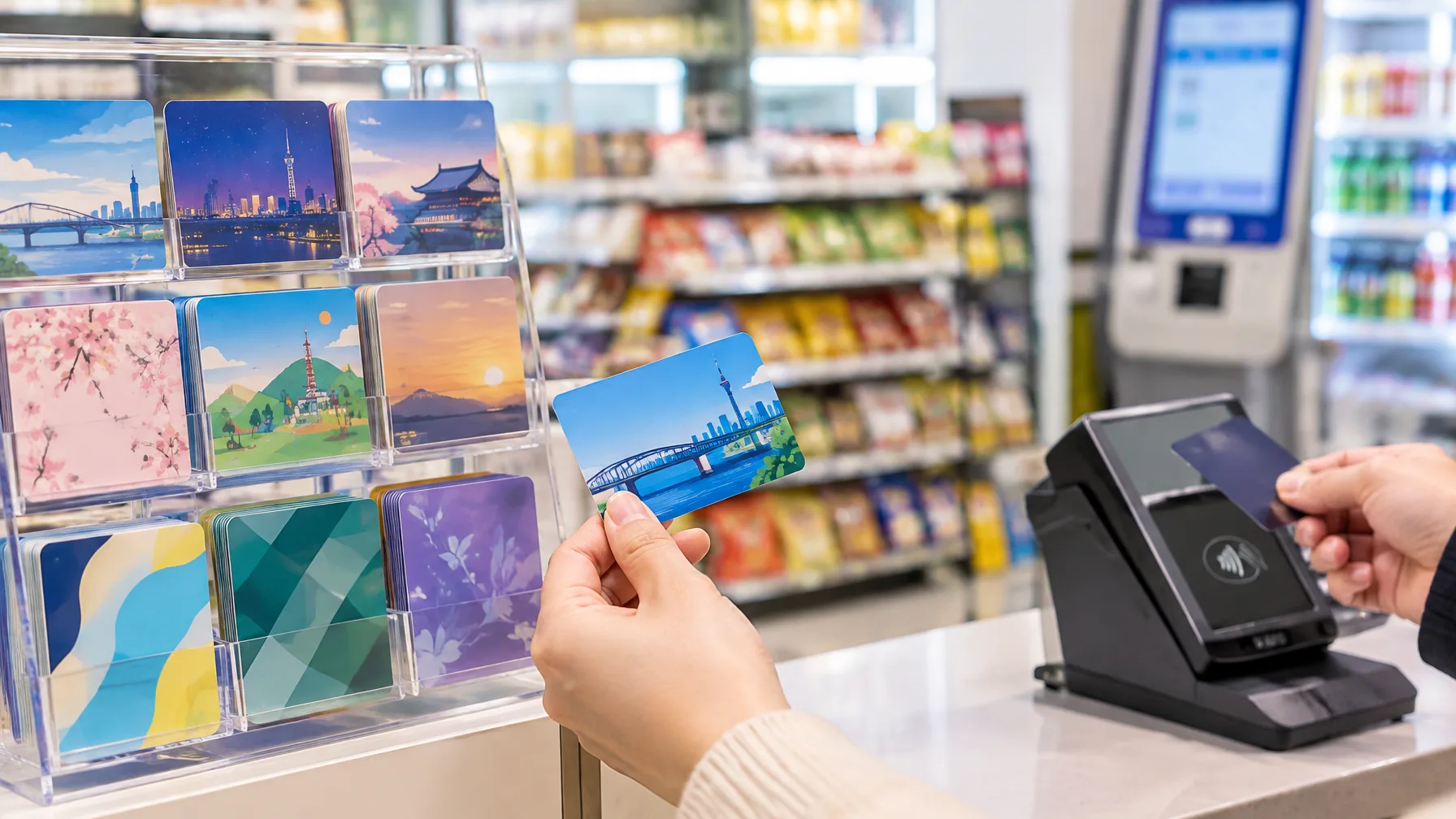 A rack of colorful transit cards on a convenience store counter next to a card payment terminal
