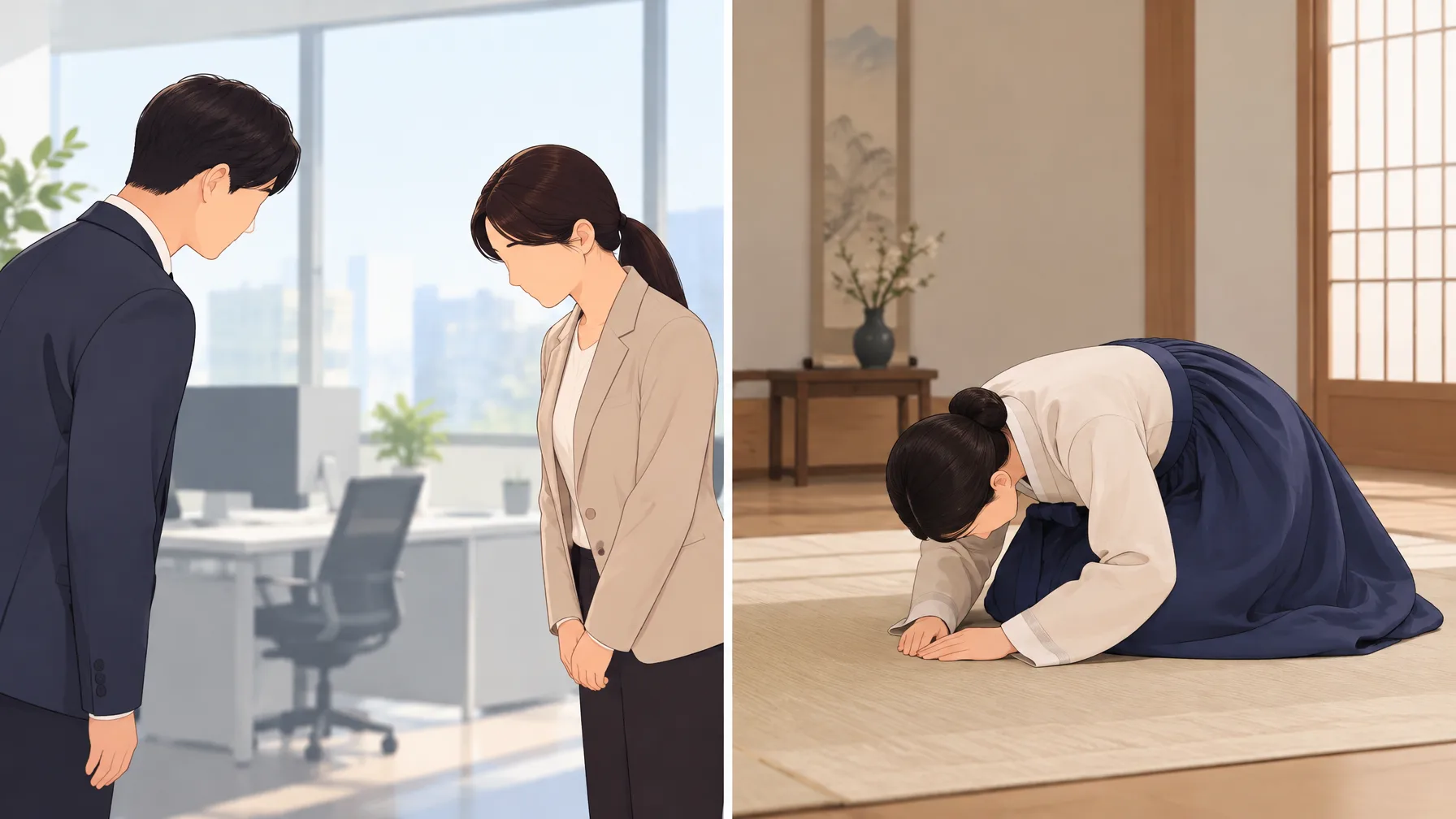 Two side-by-side illustrations: a light head nod between coworkers and a deep floor bow in a quiet room.