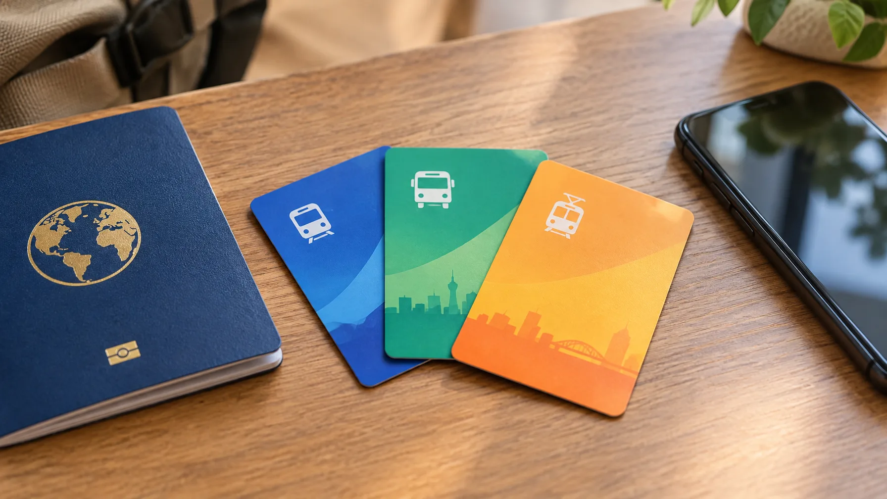 Three different transit cards fanned out on a table next to a passport and a phone.
