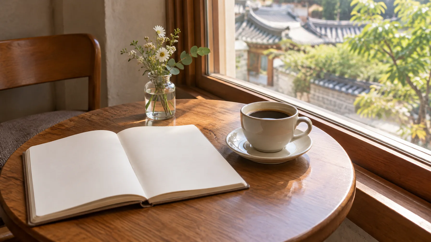 An open notebook and a coffee cup rest on a small table beside a window, with no visible writing.