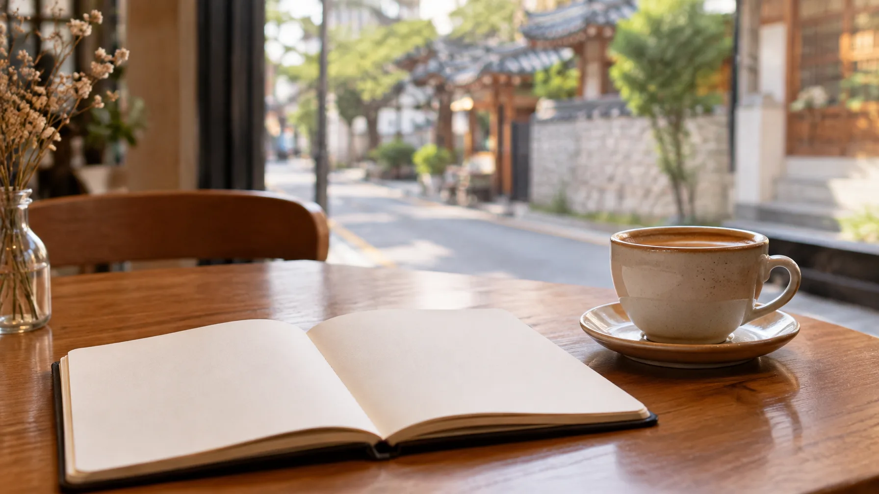 A blank notebook lies open beside a cup on an indoor table, with a street softly blurred beyond the window.