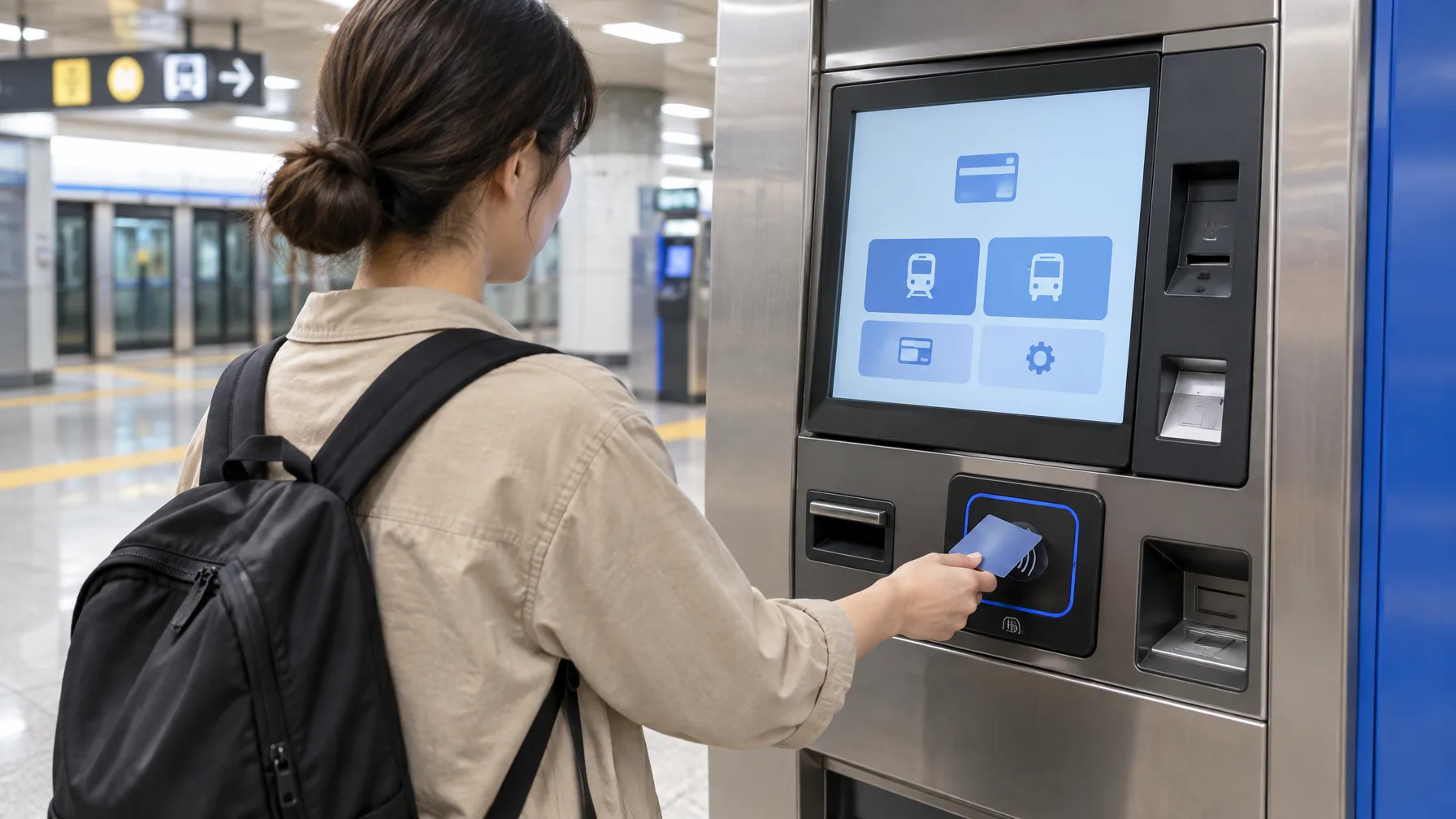 A traveler at a subway station ticket machine with an English-language screen, reaching for the card reader.