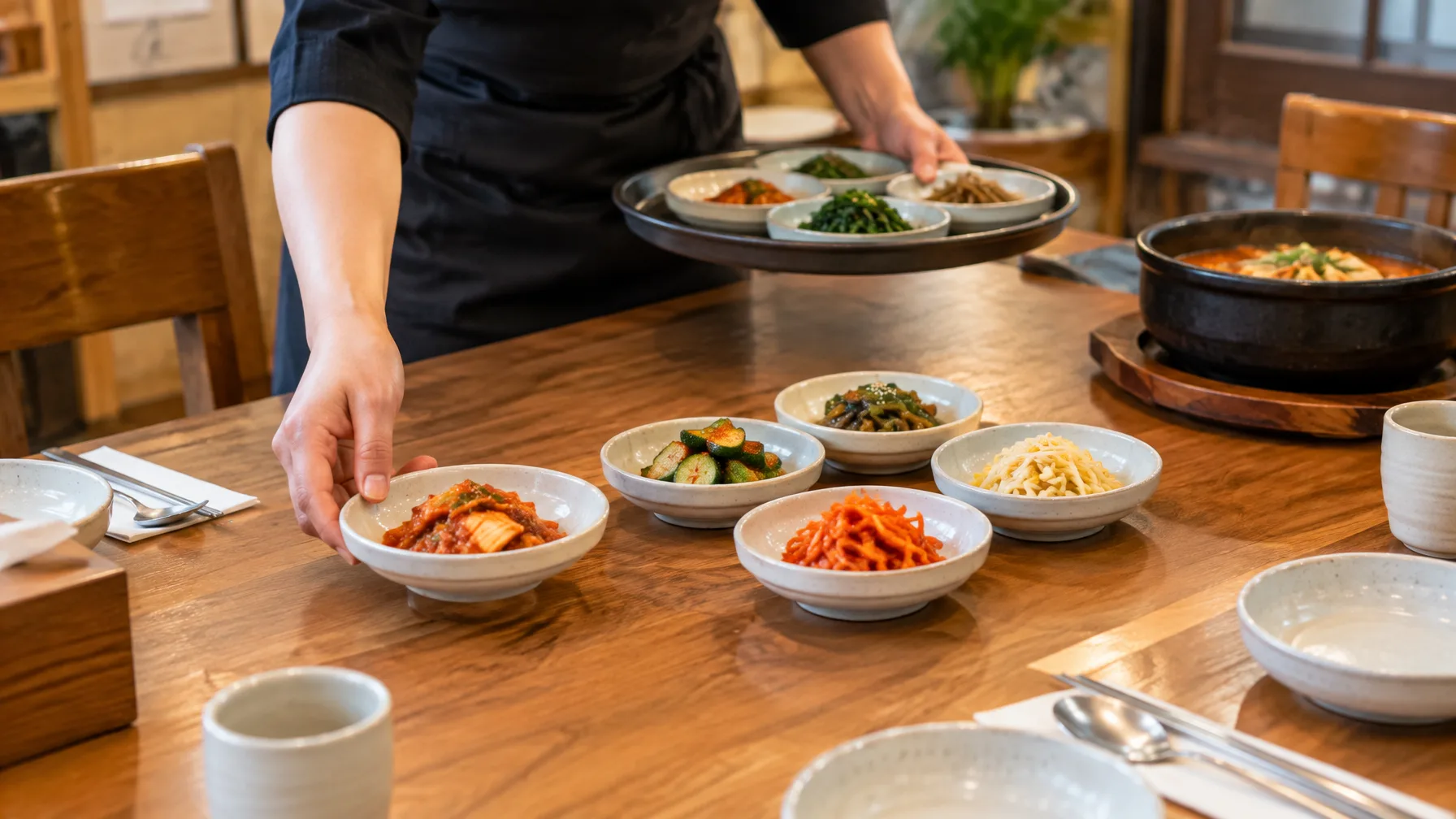 A server placing several small side dishes on a restaurant table before the main dish appears.