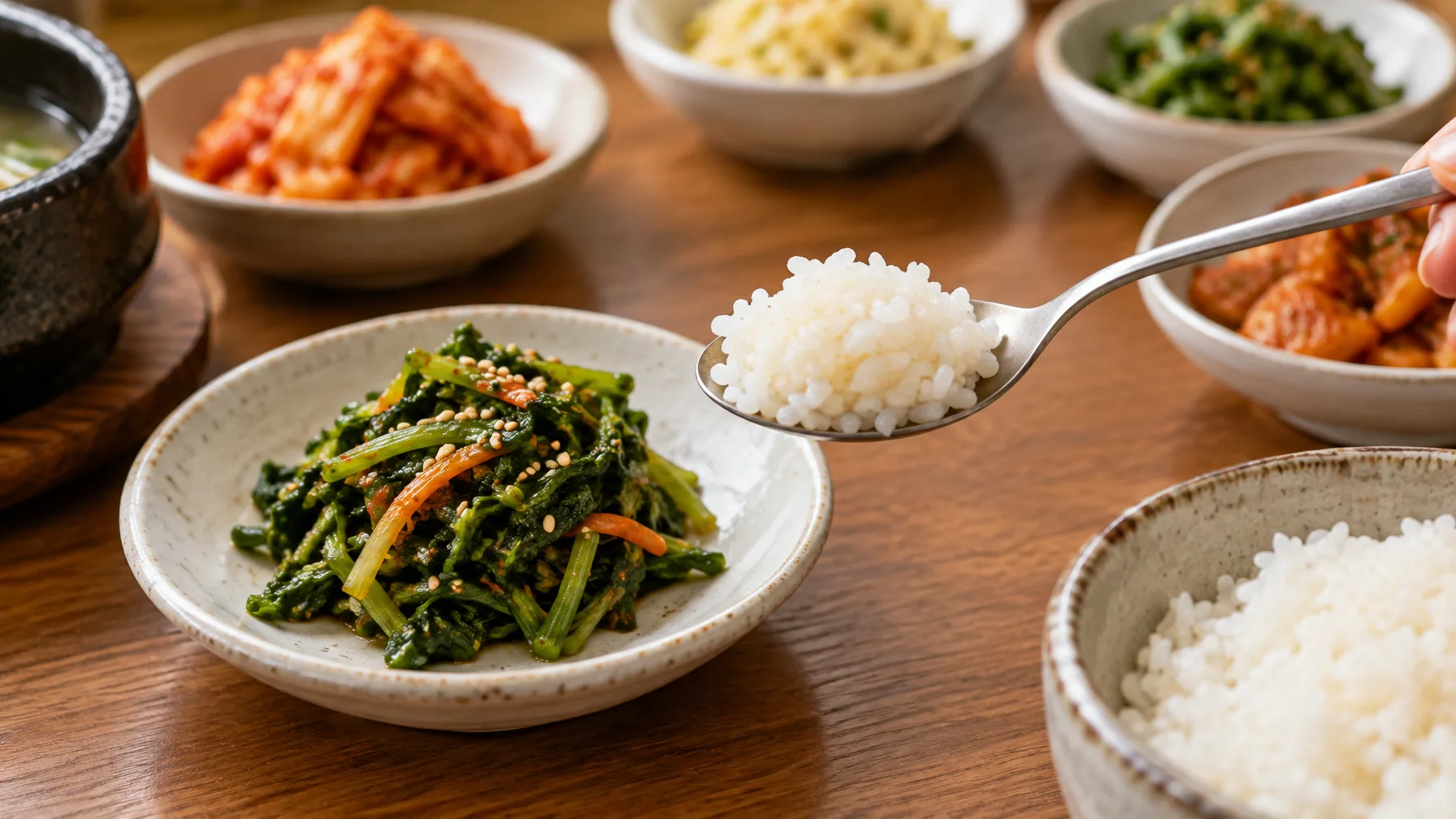 A spoon holding a bite of rice beside a small plate of seasoned vegetables.