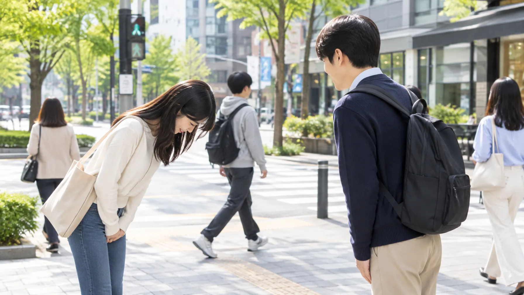 A bright Seoul street corner where people in everyday clothes pass each other, one dipping their head politely.