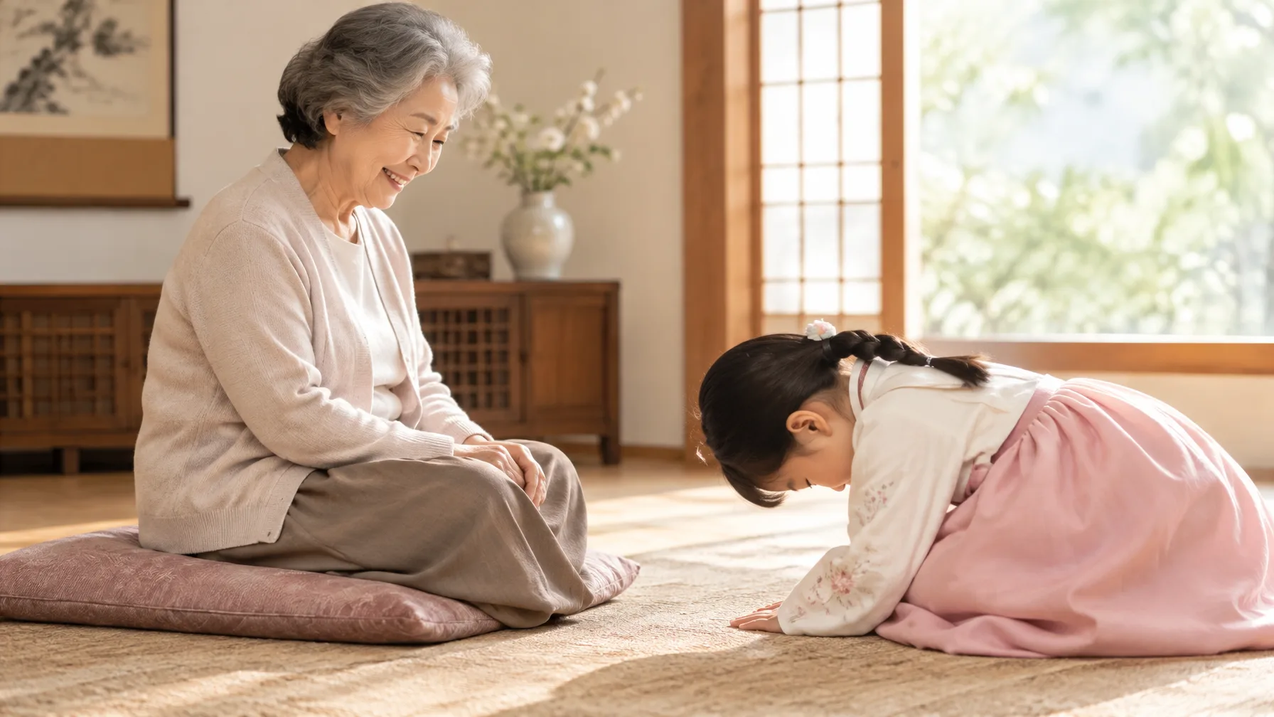 A grandmother in a light cardigan sitting on a cushion, smiling as a grandchild bows before her.