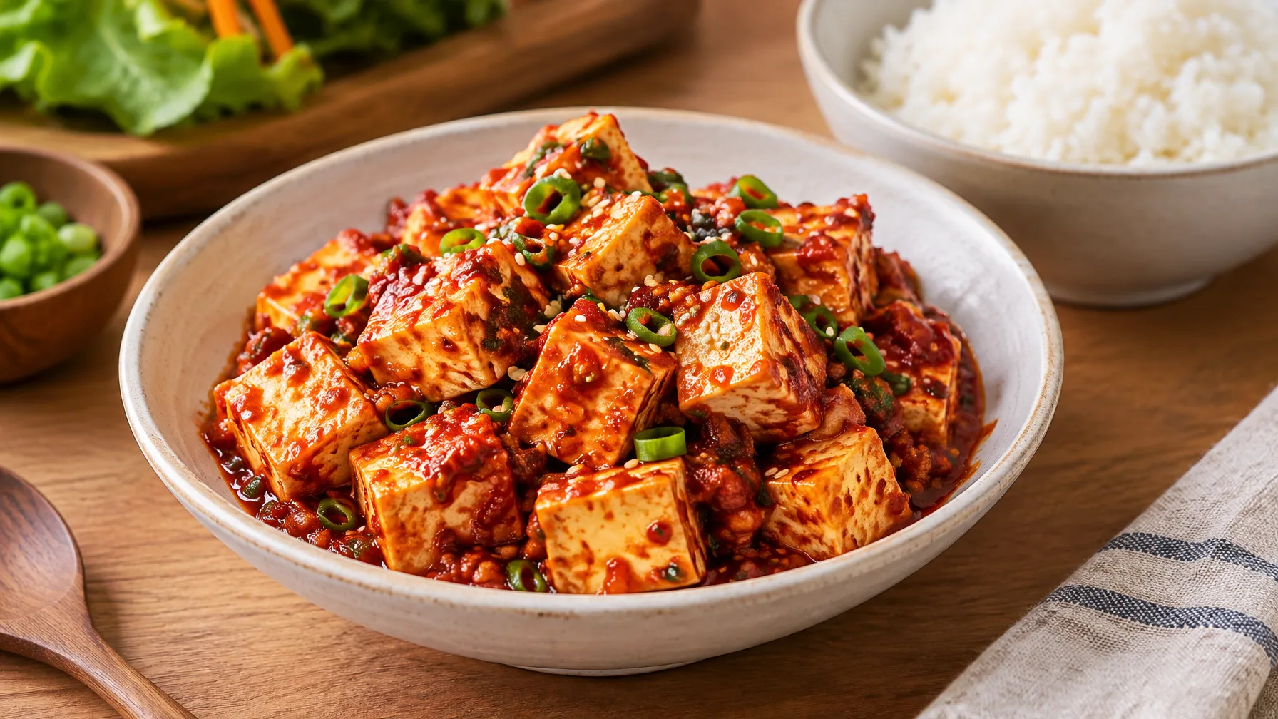 Cubes of tofu coated in red spicy marinade in a shallow bowl, ready to scoop onto rice.