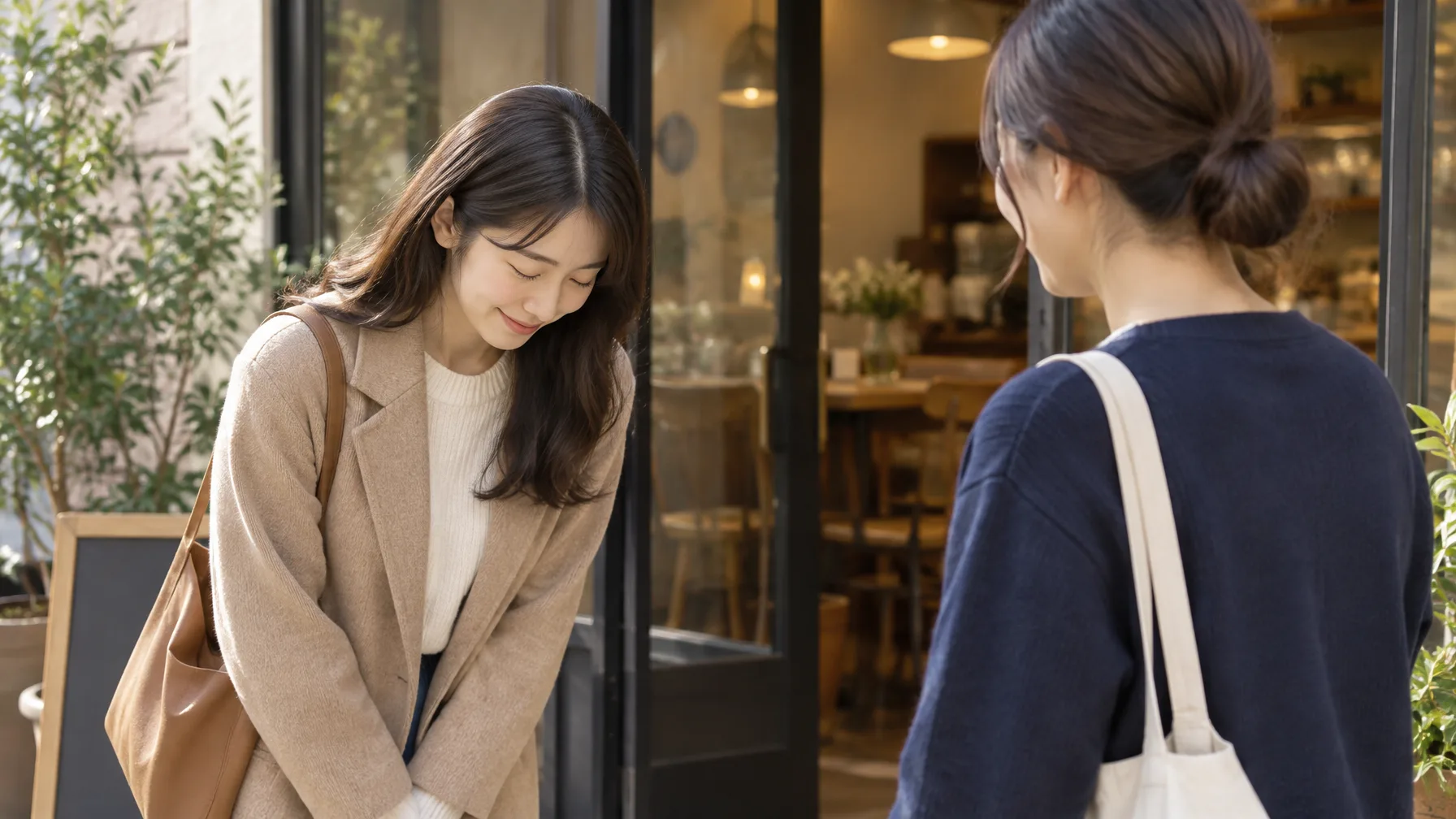 Two friends meeting at a cafe entrance, one lowering their head slightly in a relaxed greeting.