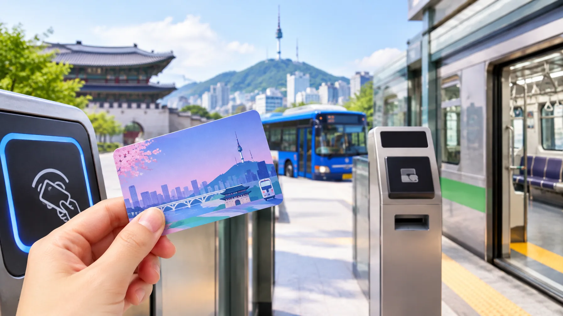 A hand holding a transit card at a Seoul subway gate, with a blue city bus and Namsan Tower in the background