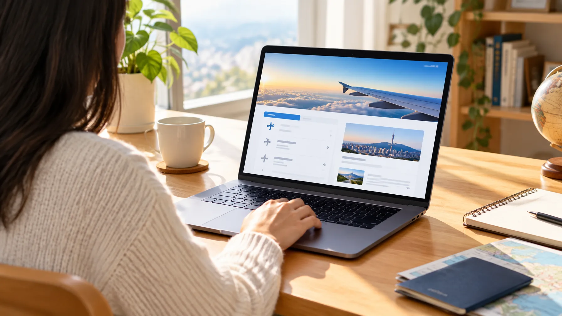 A traveler checks a flight itinerary on a laptop at a sunlit desk at home.