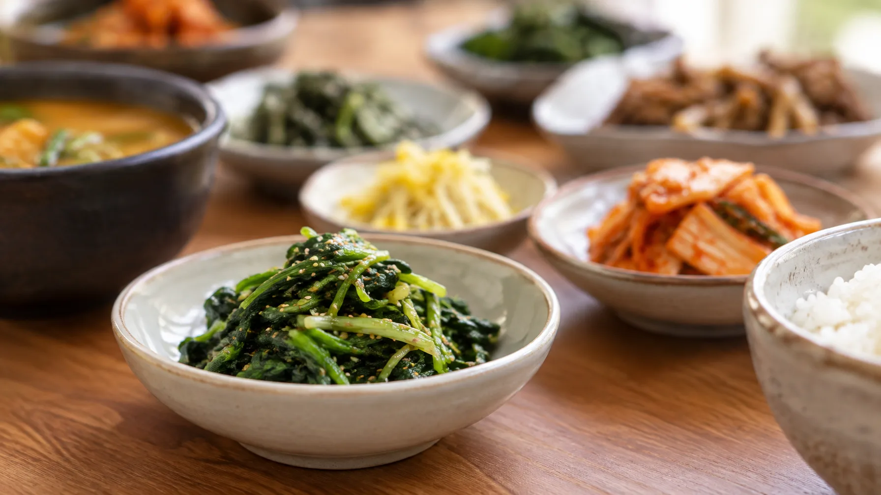 A small dish of vegetables sits in the foreground while other side dishes remain softly out of focus.