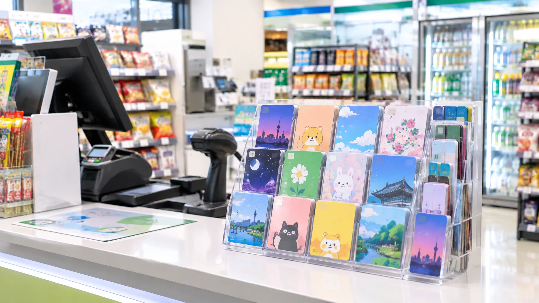 A bright Korean convenience store counter with a rack of small colorful transit cards beside the register.