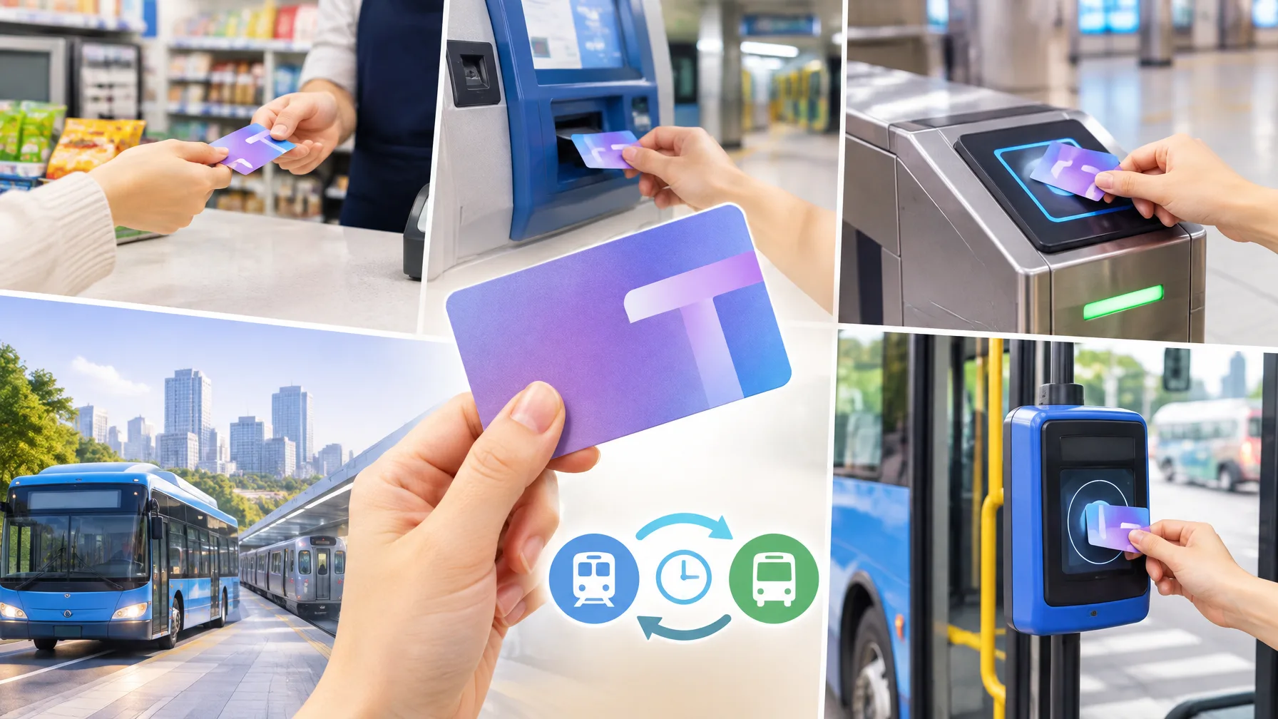 Four steps of using a transit card: buying it at a store, topping it up at a machine, and tapping it on subway and bus readers
