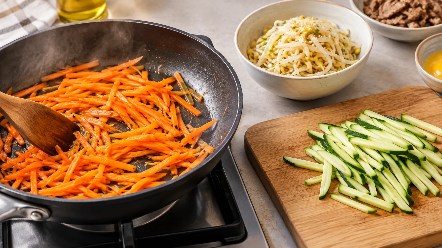 A pan of thin carrot matchsticks being stir-fried next to a cutting board with sliced zucchini and a bowl of seasoned bean sprouts.